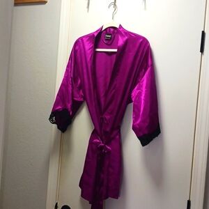 Elegant Purple Satin Robe with Black Lace Trim